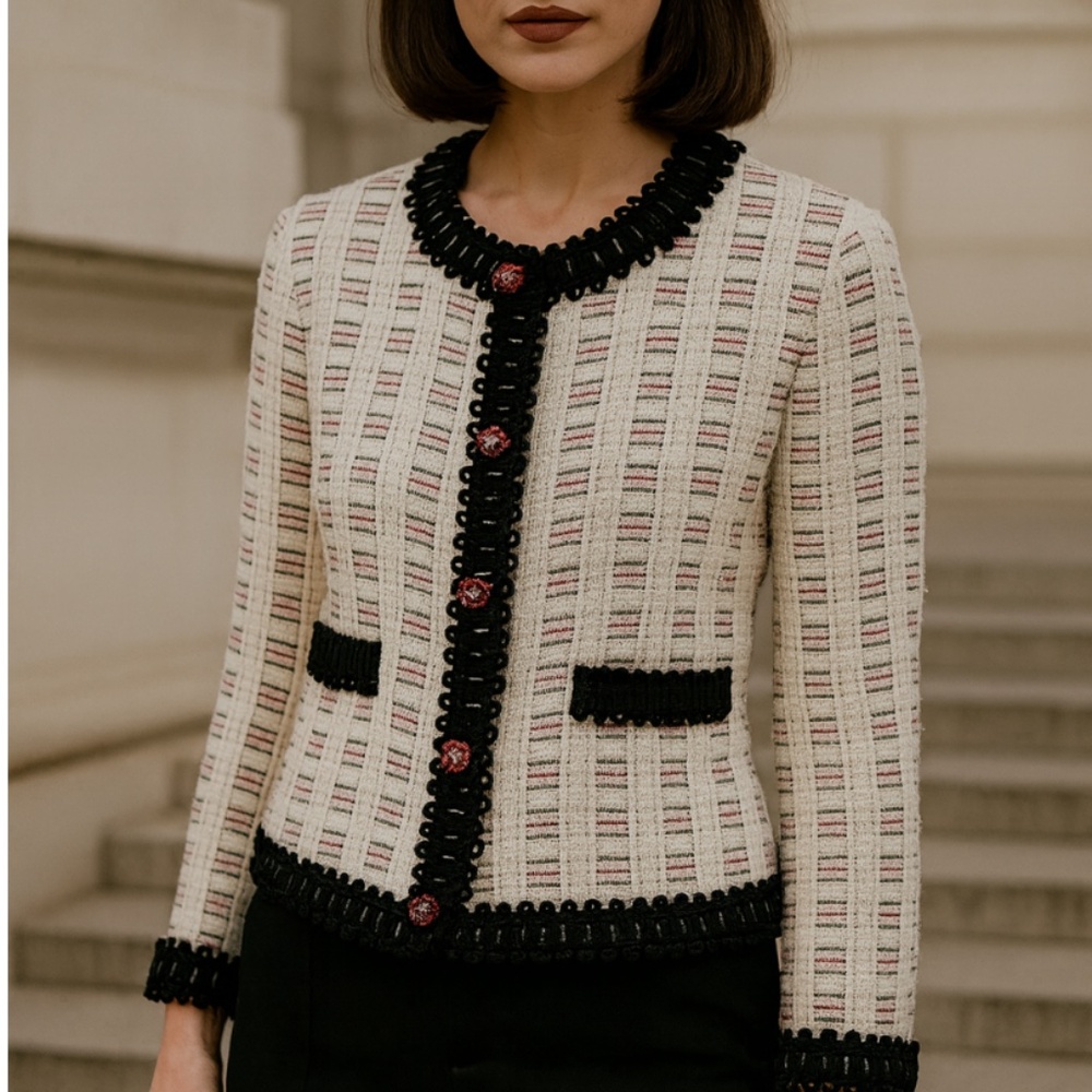 Escada Cream, Red and Black Tweed Snap-Up Jacket